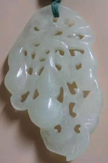 Carved Celadon Jade Pendant Double Gourds & Leaves Translucent Almost White