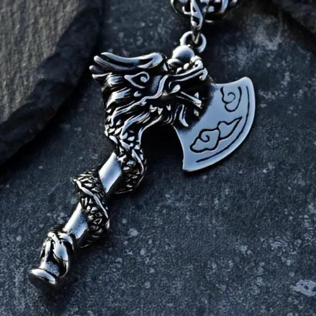 Men's Silver Nordic Viking Dragon Axe Pendant Necklace Punk Jewelry Chain 24"