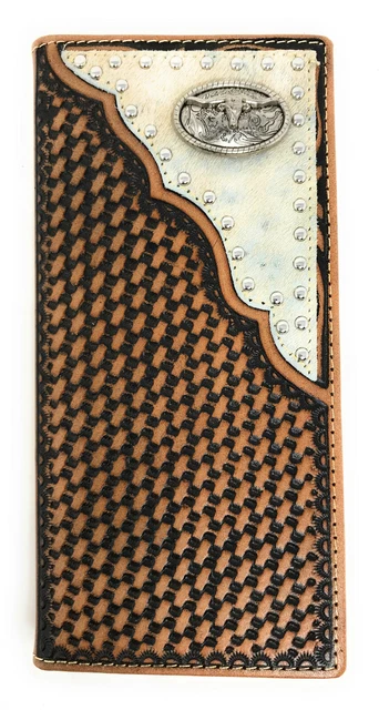 Western Men's Basketweave Genuine Leather Longhorn Long Cowhide Stud Bifold Wall