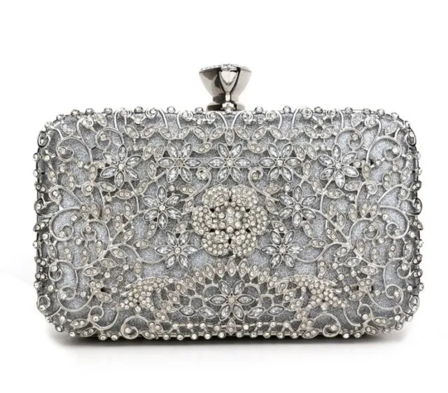 Silver Women's diamante Clutch Bag Evening Bridal Wedding Fashion Prom Handbag