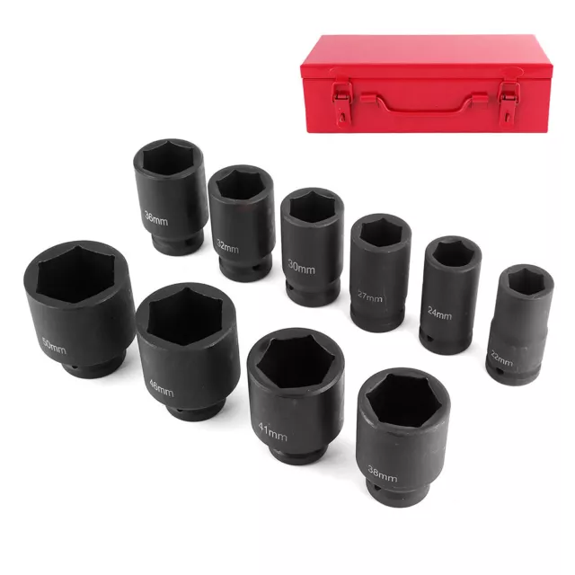 10PCS 3/4" Inch Drive 6-point Metric Deep Impact Socket Set Long Reach 22-50MM