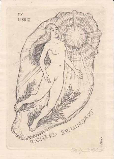 Exlibris Bookplate Gravure sur Cuivre Ottohans Beier 1892-1979 Nu Féminin Daphne