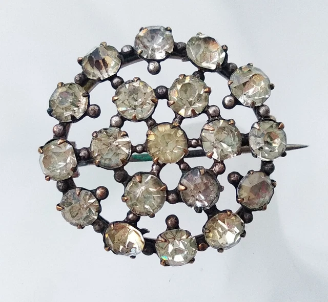 Broche Vintage Française Des Années 1950-60 - Strass En Verre Turquoise Et Doré, Métal Argenté, Occasion