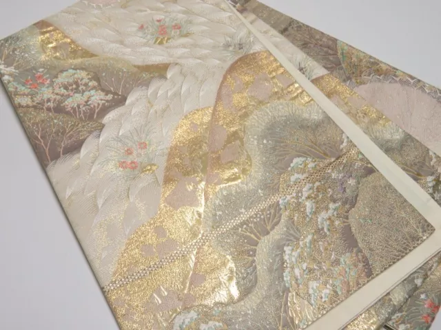 3522Y09z830 Vintage Japanese Kimono Silk FUKURO OBI Peacock Gold 165.4x12.1