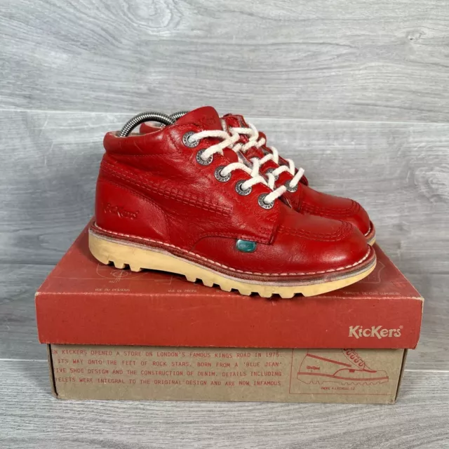 Kickers Boots Girls Red UK Size 2.5 (EU 33) Ankle Leather Lace Up Shoes Kick Hi