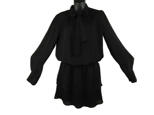 Parker Black Long Sleeve Elastic Waist Blouson Dress Small Bow Tie V Neck