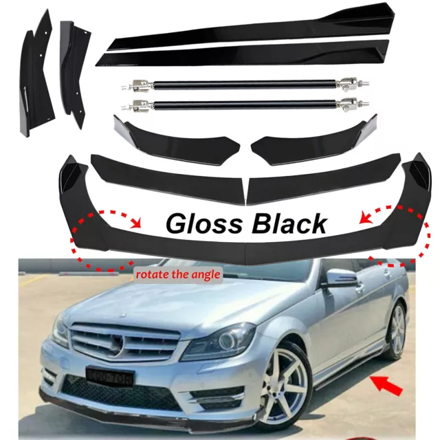 Front Bumper Lip Spoiler+86.6" Side Skirts Body Kit For Mercedes Benz W204 Strut