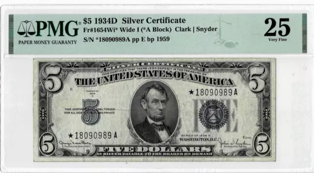 1934D $5 Silver Certificate *STAR* note- fr. 1654Wi* Wide I -PMG VF 25