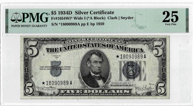 1934D $5 Silver Certificate *STAR* note- fr. 1654Wi* Wide I -PMG VF 25