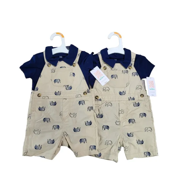 NWT Carters Baby Boy Tan Elephant Overalls Set Bodysuit Size 18M Twins Two Pack