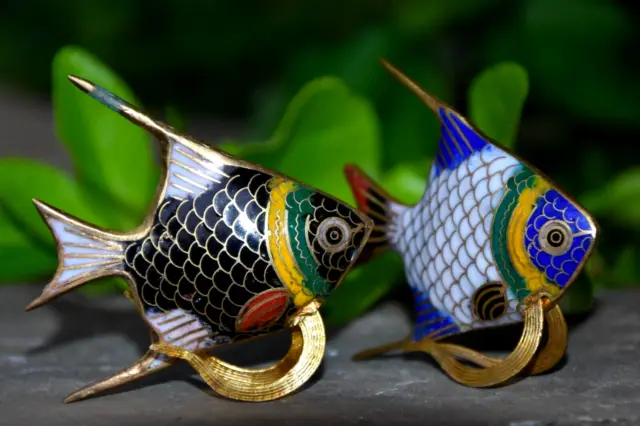 PAIR Asian Angel Fish Figures Cloisonne Brass Enamel BLUE and BLACK Vintage NICE