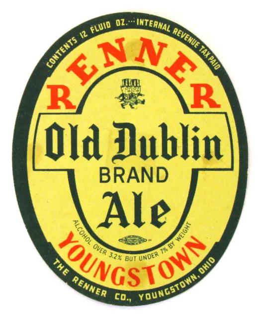 IRTP The Renner Co. OLD DUBLIN BRAND ALE oval beer label OH 12oz 3.2% - 7% ABW