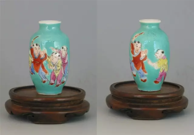 Pair Old Chinese Famille Rose Porcelain Mini Scholar Vases with Qianlong Mark