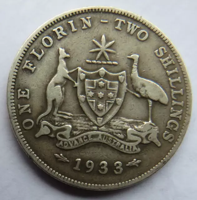 1933 King George V Australia Silver Florin / Two Shillings Coin 2