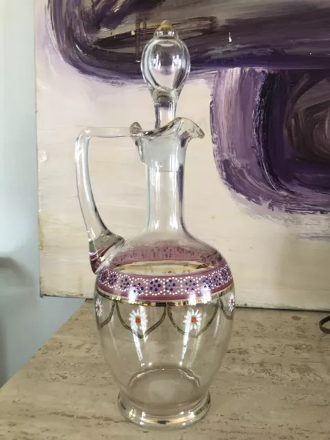 Ancienne et jolie Carafe à vin Verre soufflé émaillé doré  Art nouveau Art Déco