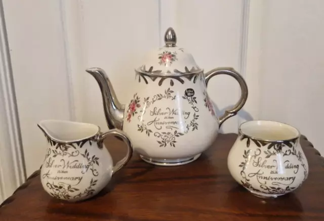 Vintage Arthur Wood Silver Wedding Anniversary Teapot Milk Jug & Sugar Bowl Set