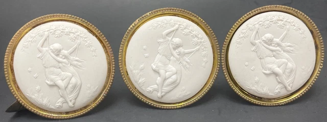 3 Antique Bisque Porcelain & Brass Curtain Drapery Tie Backs Courting Scene