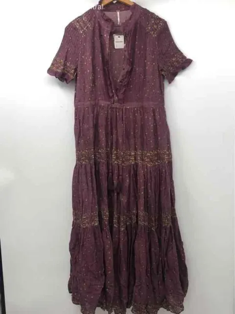 Free People Womens Burgundy Abstract Ruffle Short Sleeve Maxi Dress Size M