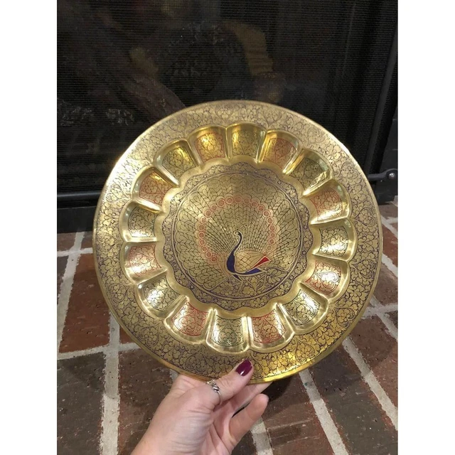 stunning vintage gold etched brass “peacock” plate wall decoration 11 inches dia