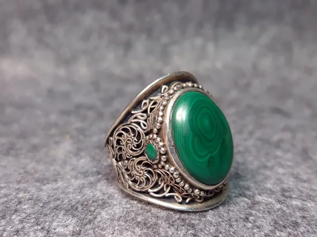 Mens Signet Ring Sterling Silver Malachite Intricate