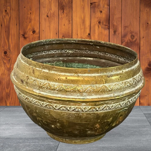 Jardinière Cache-pot Sur Pied En Laiton - Décor Fleurs Et épis De Blé, Occasion, Décoration Vintage