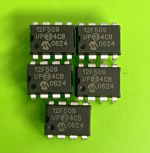 5pcs PIC12F509-I/P 8-bit Microcontroller, 1.5KB, 4MHz, 8 pin