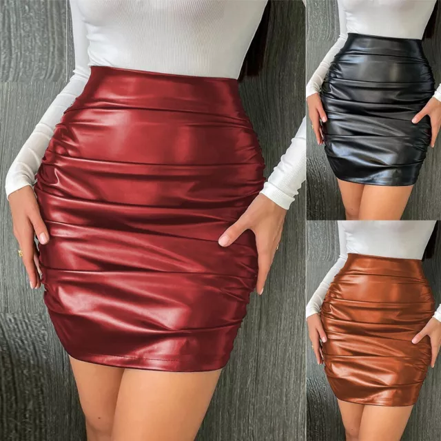 Jupe crayon en faux cuir élégante femme taille haute noire/vin rouge/marron