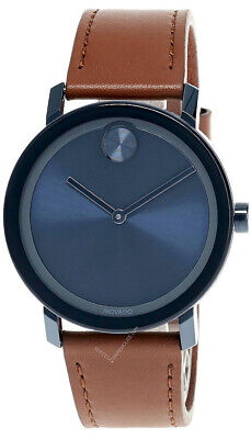Movado Bold Evolution 40Mm Blue Dial Brown Leather Men's Watch 3600520