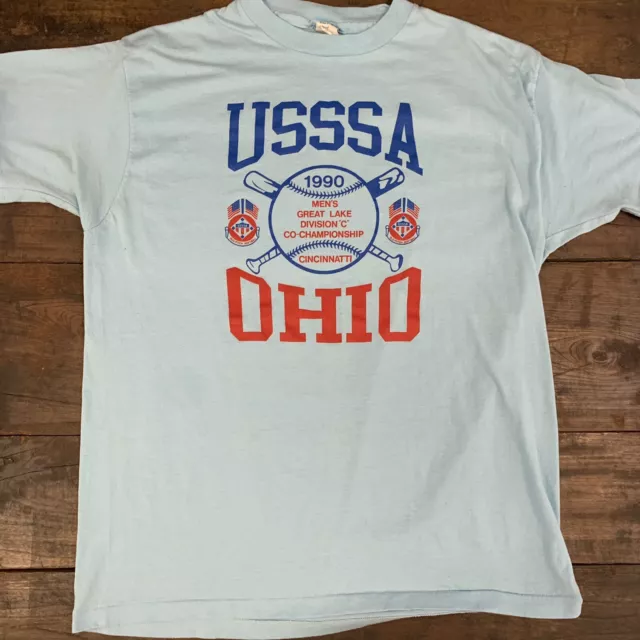 VTG 1990 Anvil Single Stitch T-Shirt USSSA Softball Cincinnati OH Blue Medium