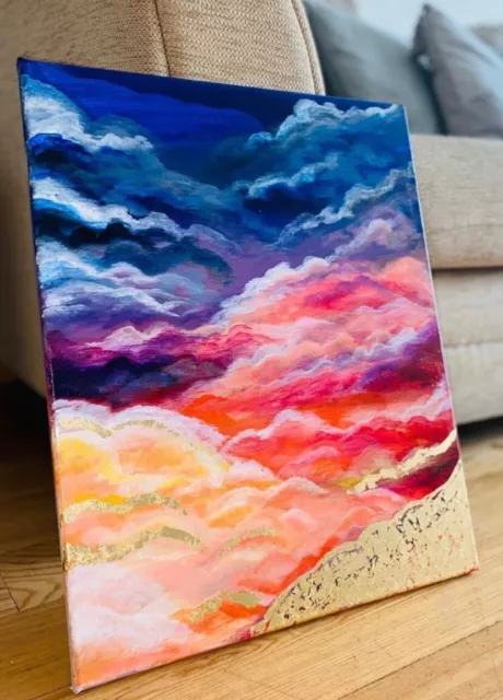 Golden sunset landscape acrylic painting on a mini canvas with an easel