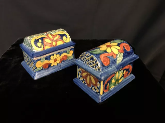 Talavera Mexican Pottery 2 Trinket Box w Lids Signed multicolor vintage
