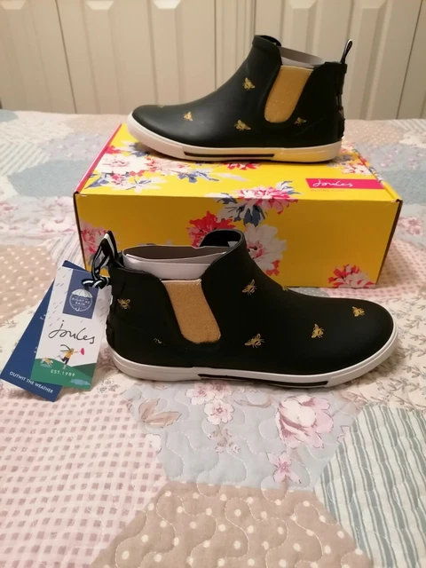 JOULES WOMEN S RAINWELL Rain Boot Wellies Black Gold Bee Print UK