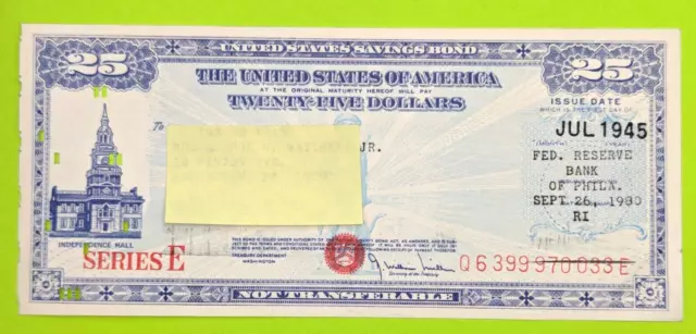 Jul 1945- $25 US Savings Bond Series E Independence Hall Philadelphia Punch Card