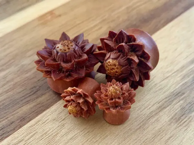 PAIR Lotus Flower Sawo Wood Plugs Organic Carved Gauges 0g thru 1" available