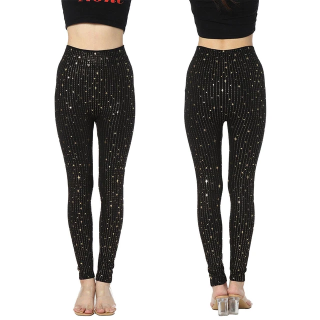 Womens Star Striped Pants Elastic Waist Shiny Sequin Sparkle Tight Trousers