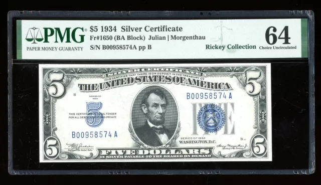 DBR 1934 $5 Silver Fr. 1650 BA Block PMG 64 Serial B00958574A