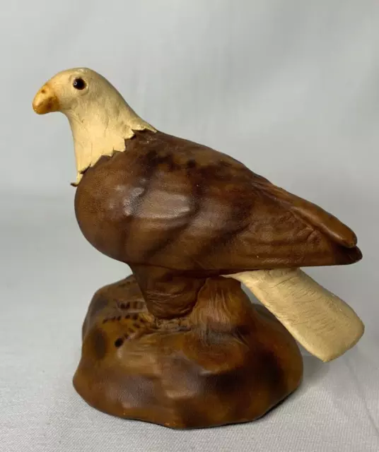 Rustic Bald Eagle Statue Leather Covered Base Perched Signed American Patriotic