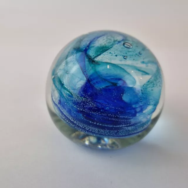 Isle Of Wight Studio Glass Paperweight With Blue Swirls