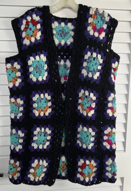 Vintage Style Handmade Granny Square Crochet Vest Open Front Hippy Boho NWOT