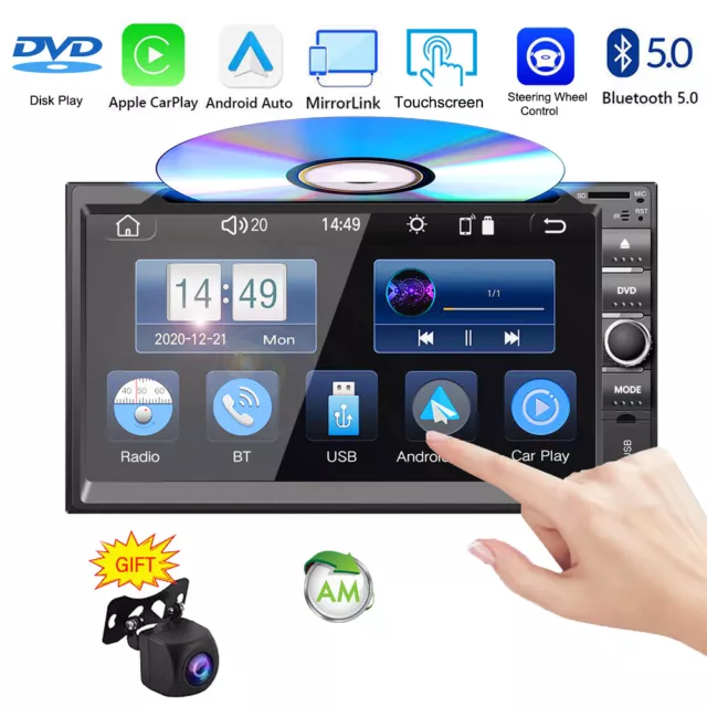 UK 7" Double 2Din In Dash Car CD DVD Player Radio Stereo Wireless Carplay+Camera
