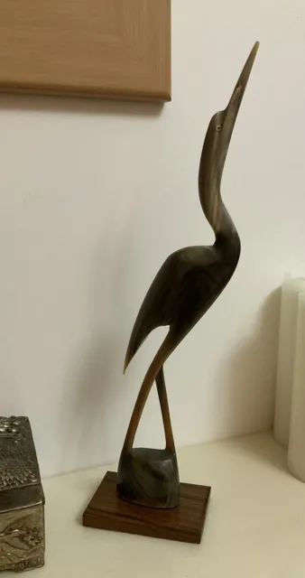 Vintage Retro Carved Horn Of Heron Crane Stork Statue Figurine on wooden base