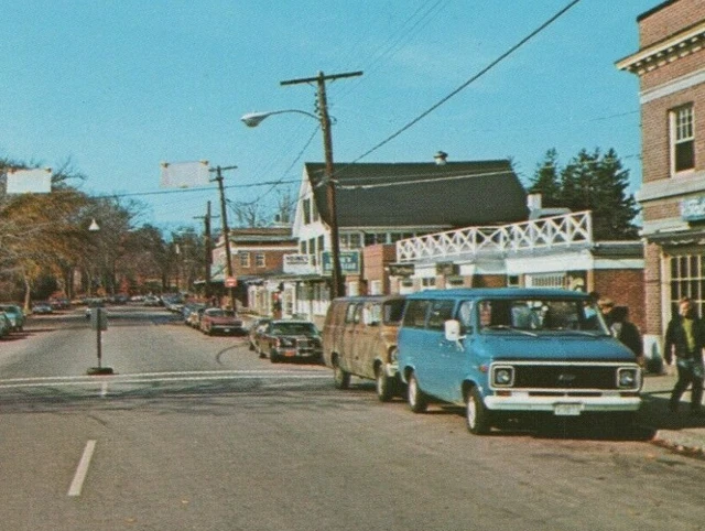 Main Street Durham New Hampshire autos pharmacy c1960-1970s postcard C367
