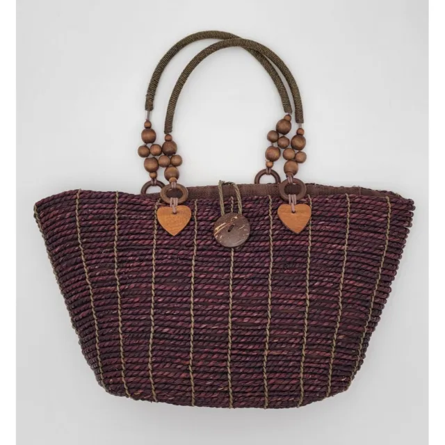 Boho Chic Woven Straw Bag Wooden Hearts & Beads