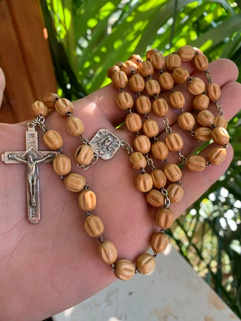†Wood Vintage Rosary Handmade Brown Wood Bead, Crucifix Italy silver Cross 19th† 2