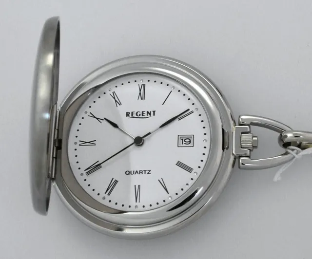 Small Flat Regent P-552 Stainless Steel Pocket Watch with Chain