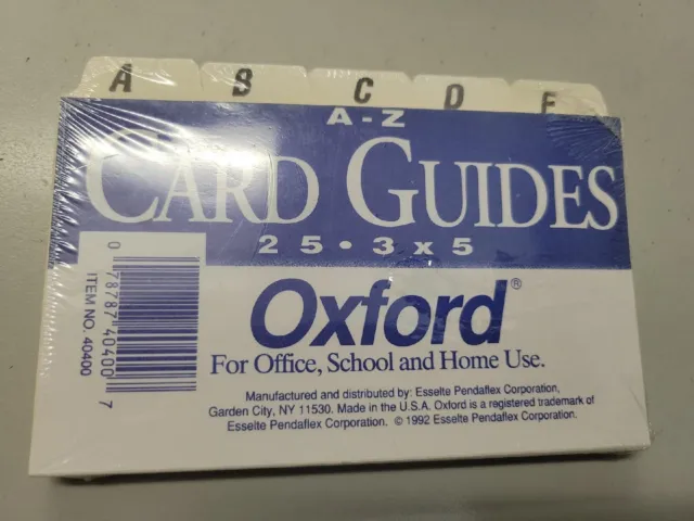Oxford 1/5 Tab Cut  A-Z Card Guides 3" x 5" - 25 Cards Manila - New! OXF-40400
