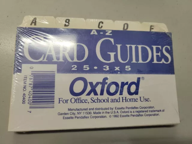 Oxford 1/5 Tab Cut  A-Z Card Guides 3" x 5" - 25 Cards Manila - New! OXF-40400