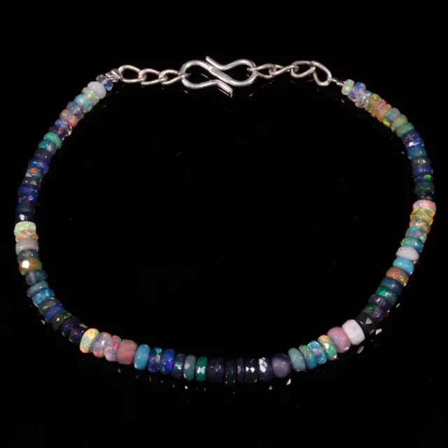 Natural Ethiopian Opal Bracelet, Black Opal Beads Multi Fire, Faceted Opal Beads