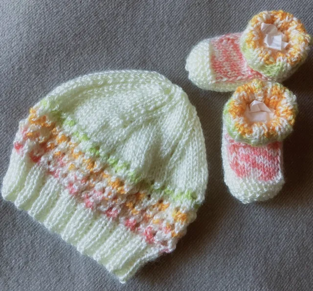 Baby Beanie & Booties Set. Hand-knitted by me. Autumn Colours. Cotton Blend.