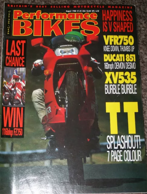 Performance Bikes Magazine AUG 1988 HONDA VFR750 DUCATI 851 YAMAHA XV535